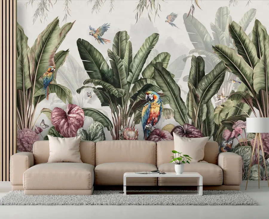 Papier peint Bananiers tropicaux dans un paysage avec des aras et des papillons de style vintage u95371