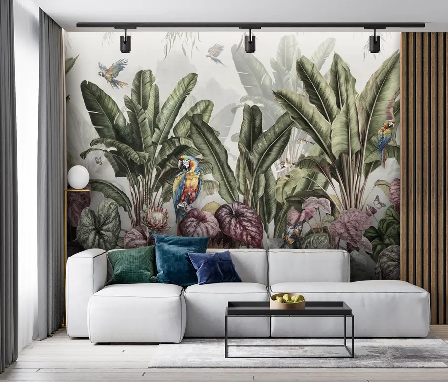 Papier peint Bananiers tropicaux dans un paysage avec des aras et des papillons de style vintage u95371