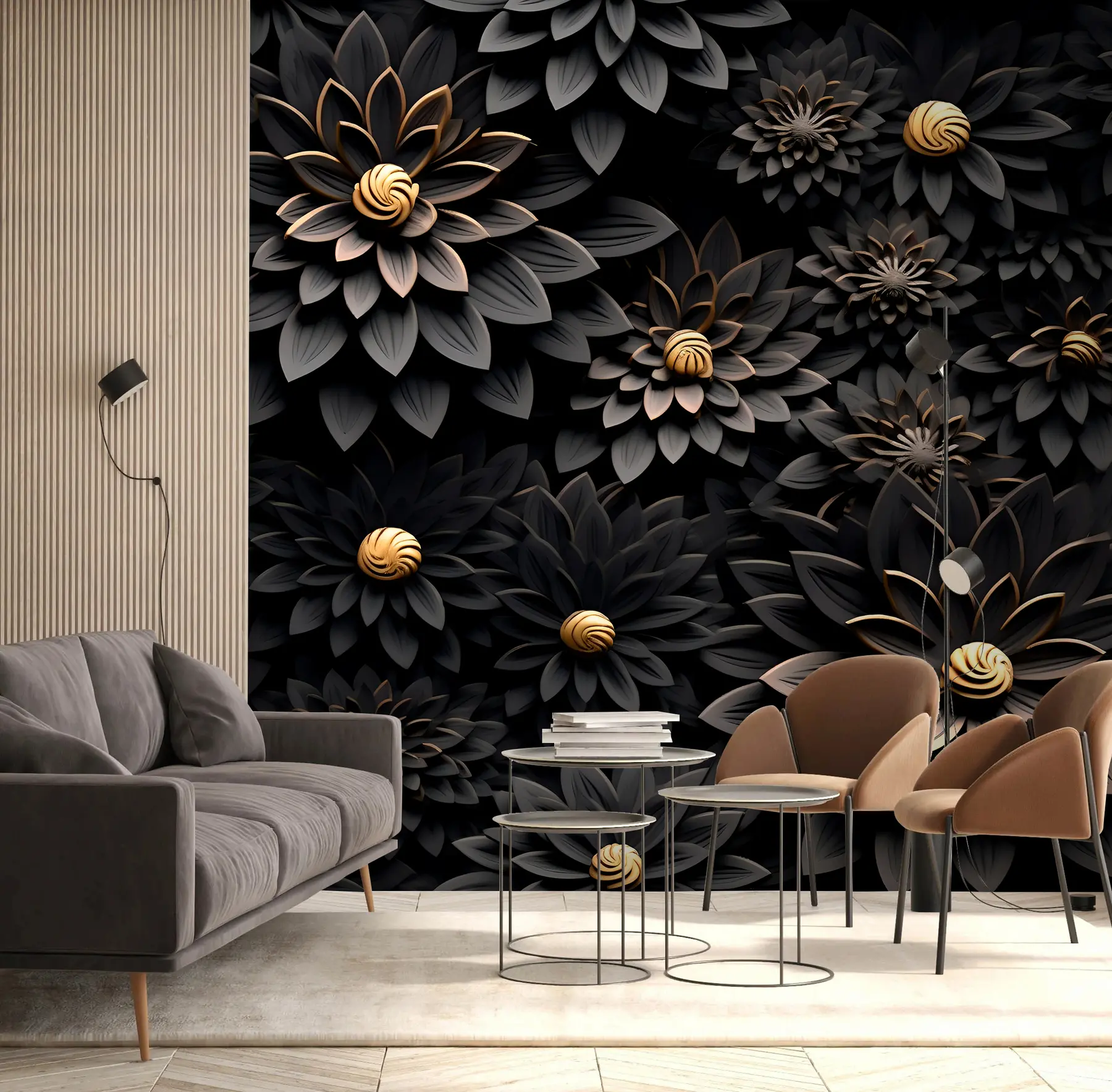 Papier peint Fleurs noires avec effet 3D u95249