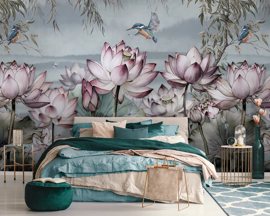 Papier peint Fleur de lotus paysage avec martin-pêcheur u95397