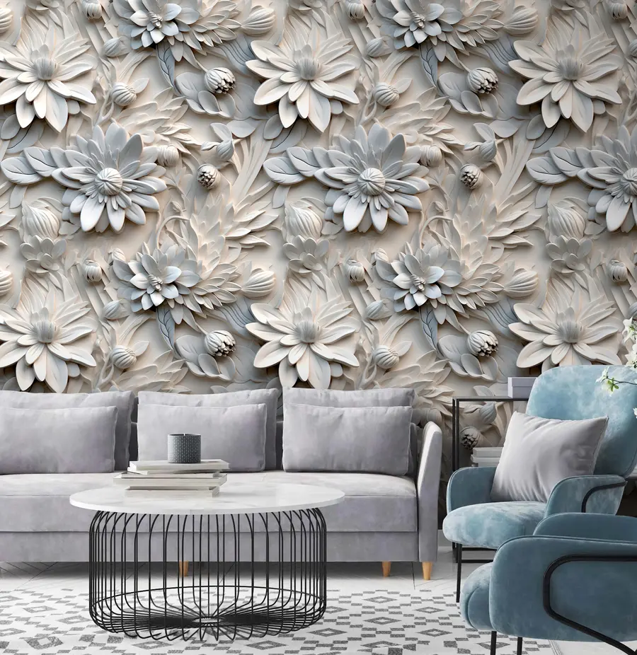 Papier peint Fleurs 3D volumétriques aux couleurs claires u95589