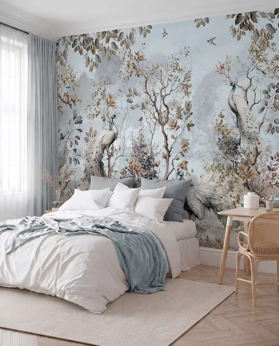 Papier peint Plantes et paons de style chinois Chinoiserie u94849