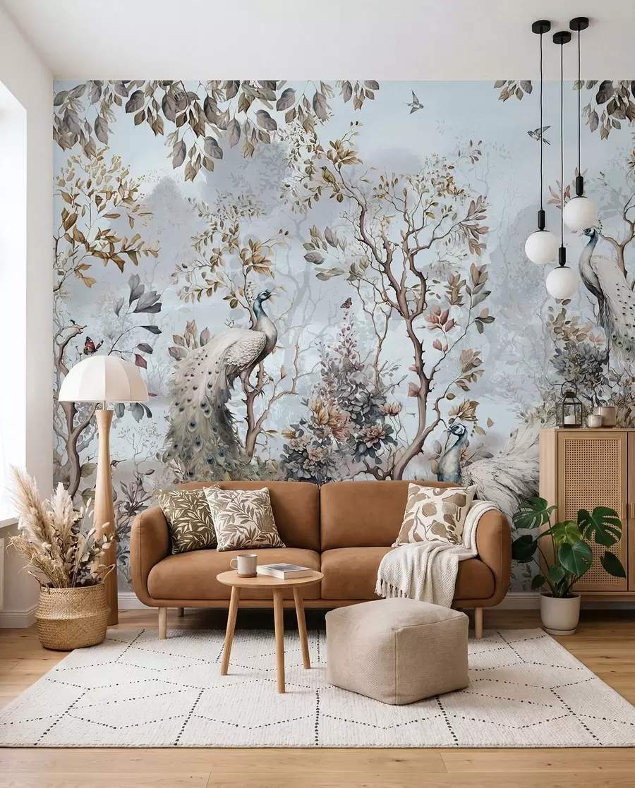 Papier peint Plantes et paons de style chinois Chinoiserie u94849