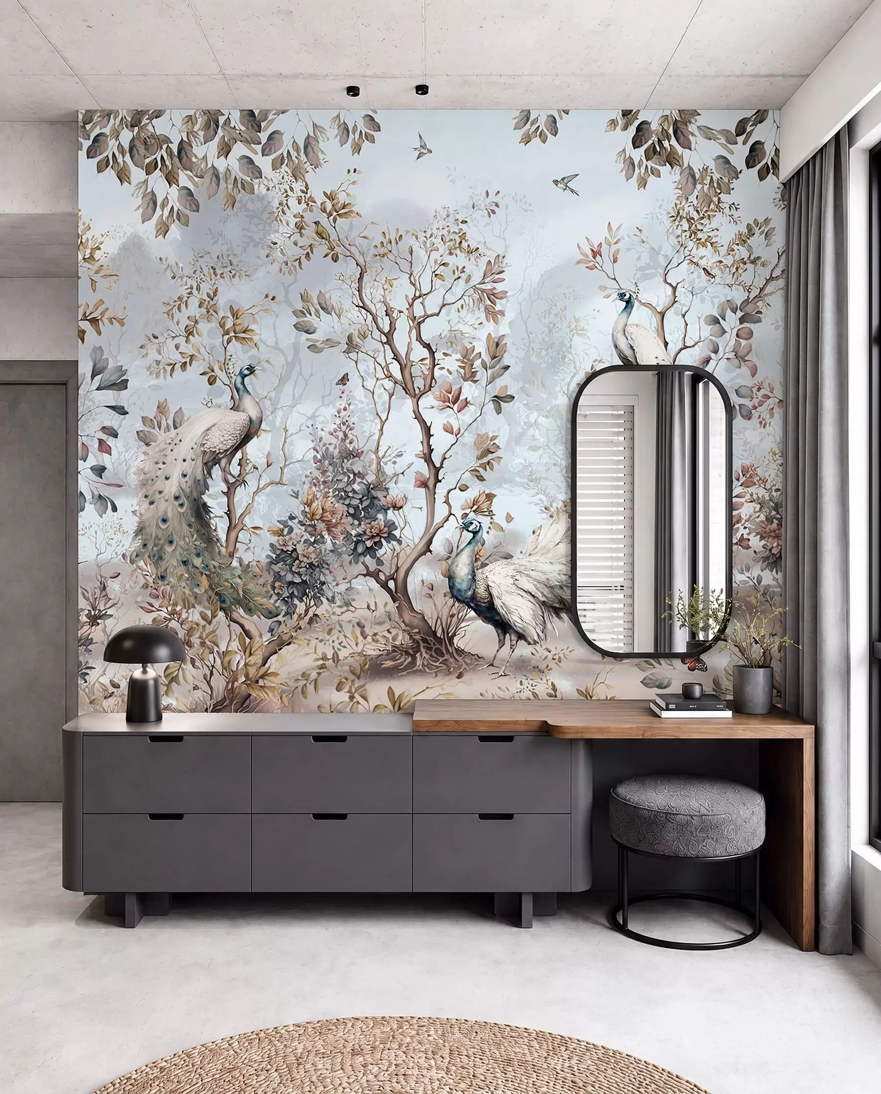 Papier peint Plantes et paons de style chinois Chinoiserie u94849