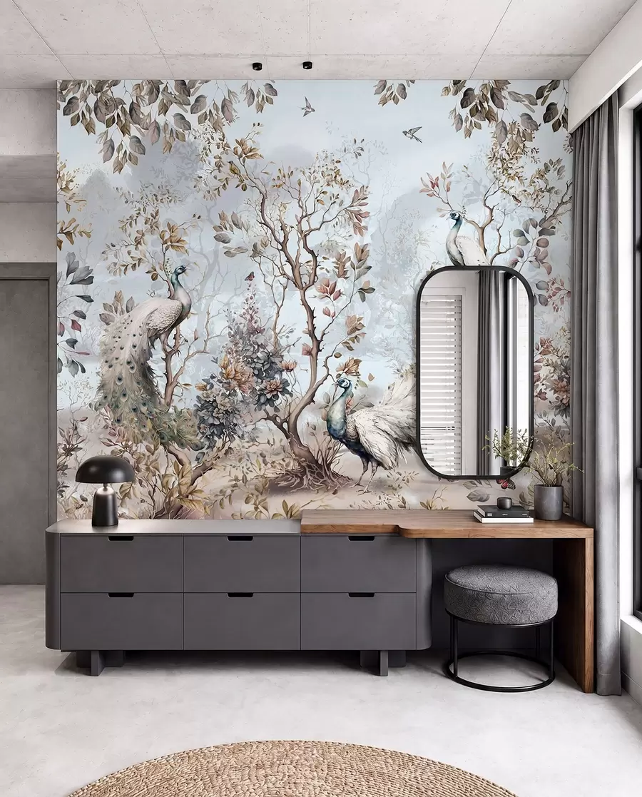 Papier peint Plantes et paons de style chinois Chinoiserie u94849