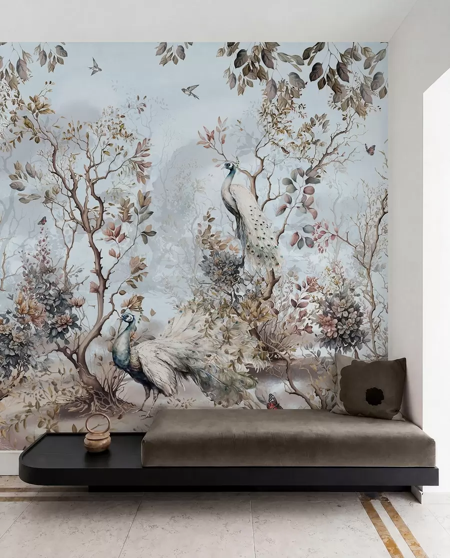 Papier peint Plantes et paons de style chinois Chinoiserie u94849