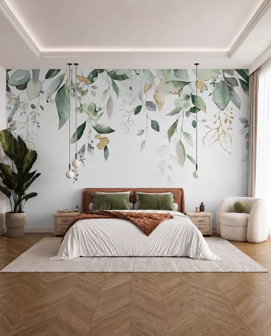 Papier peint Feuilles d'eucalyptus suspendues sur fond blanc u95506