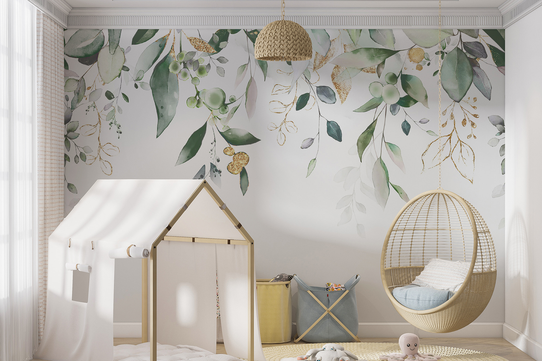 Tapisserie Murale Imprimée Feuilles D'eucalyptus - 152 X 229 Cm, Polyester, Décoration Salon/chambre