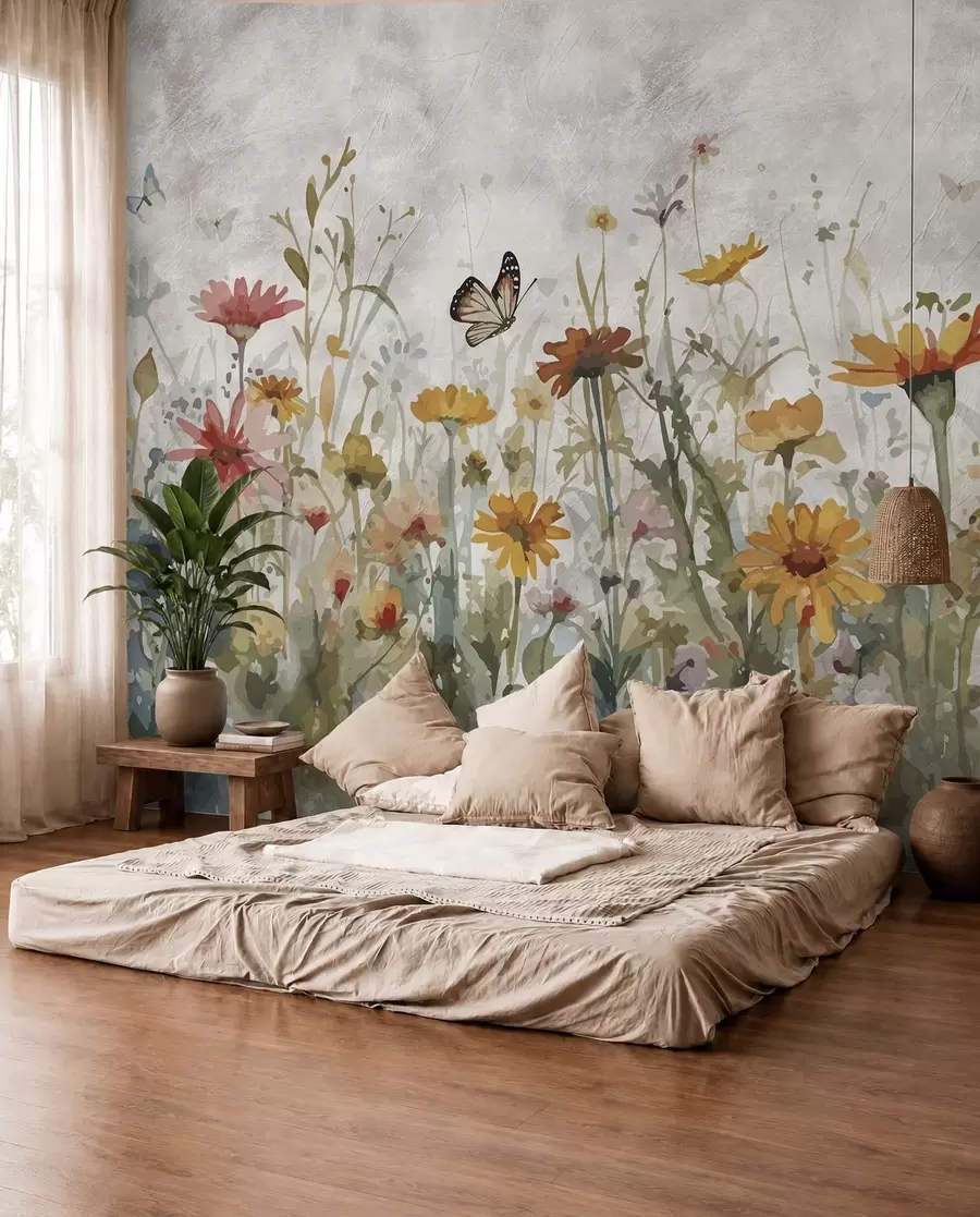 Papier peint Fleurs sauvages et papillons aquarelles u95406