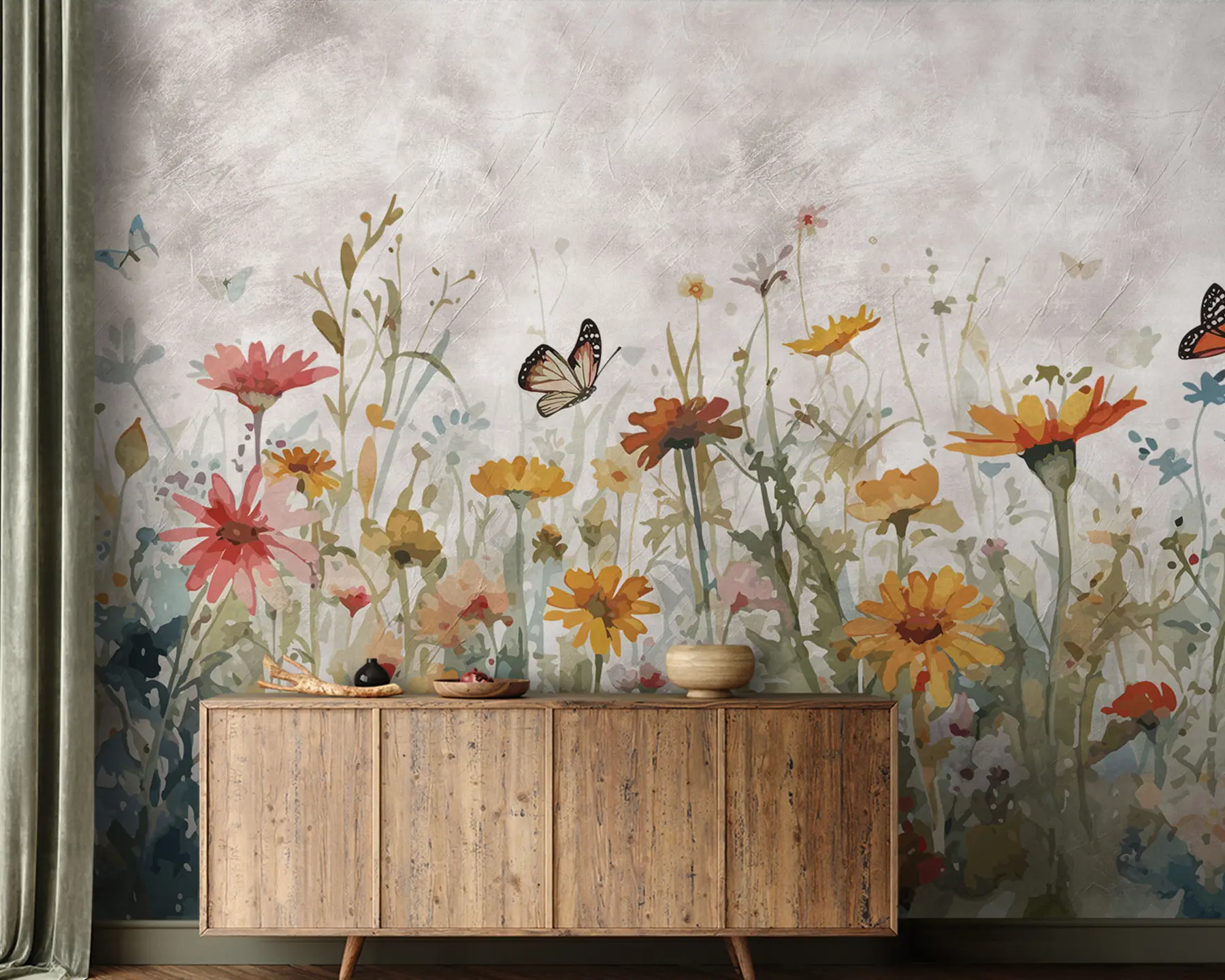Papier peint Fleurs sauvages et papillons aquarelles u95406