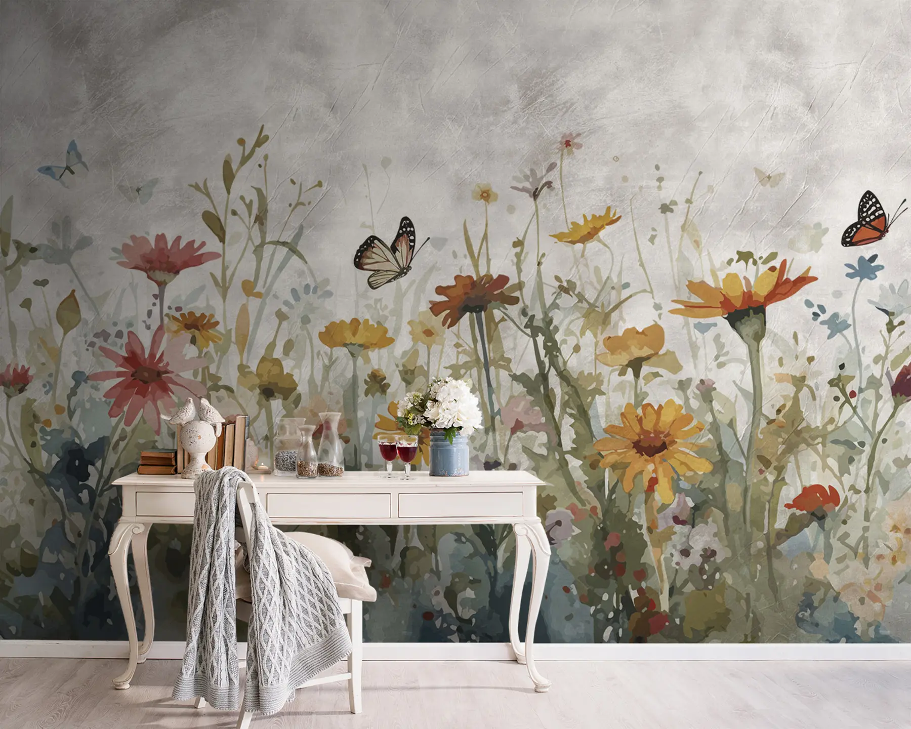 Papier peint Fleurs sauvages et papillons aquarelles u95406