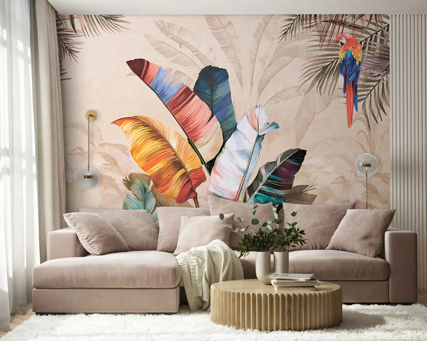 Papier peint Feuilles de palmier colorées avec oiseau perroquet tropical u95050