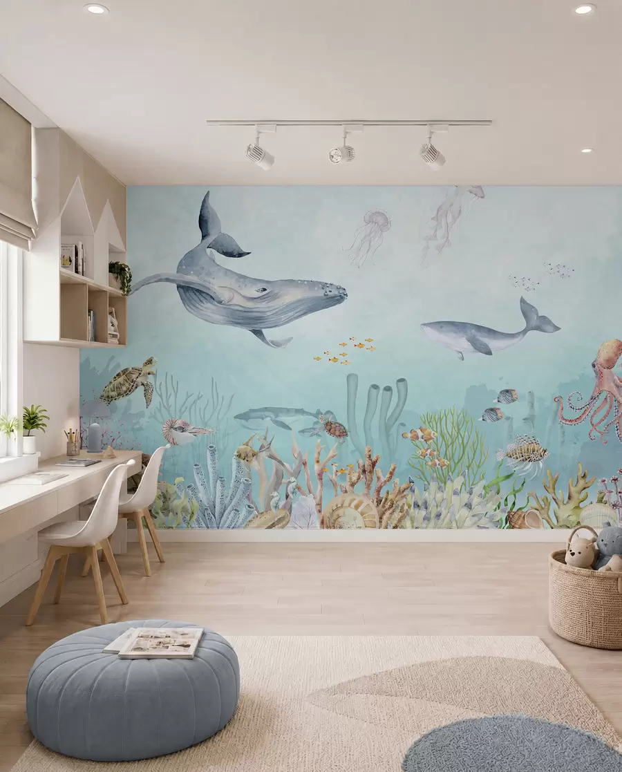 Papier peint Univers marin, grosses baleines, poissons et tortues u95446