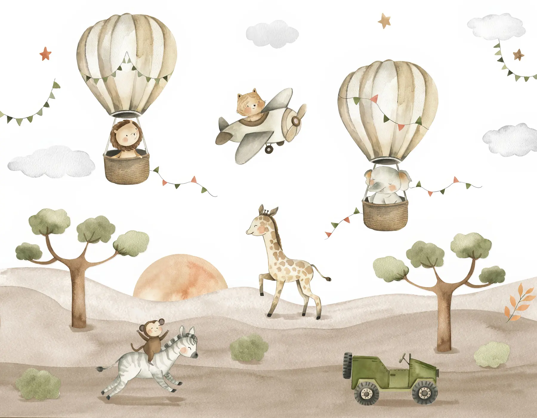 Papier peint Dessin aquarelle avec animaux, ballons, avion et voiture u95882