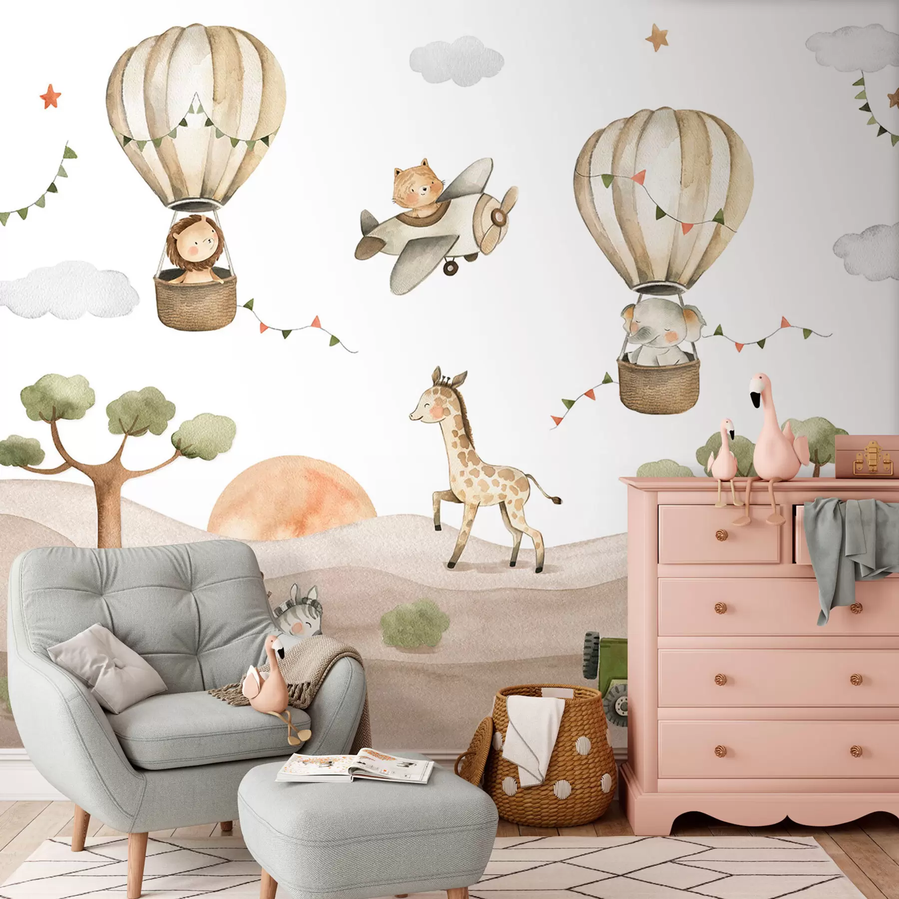 Papier peint Dessin aquarelle avec animaux, ballons, avion et voiture u95882