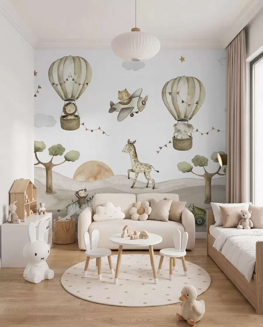 Papier peint Dessin aquarelle avec animaux, ballons, avion et voiture u95882