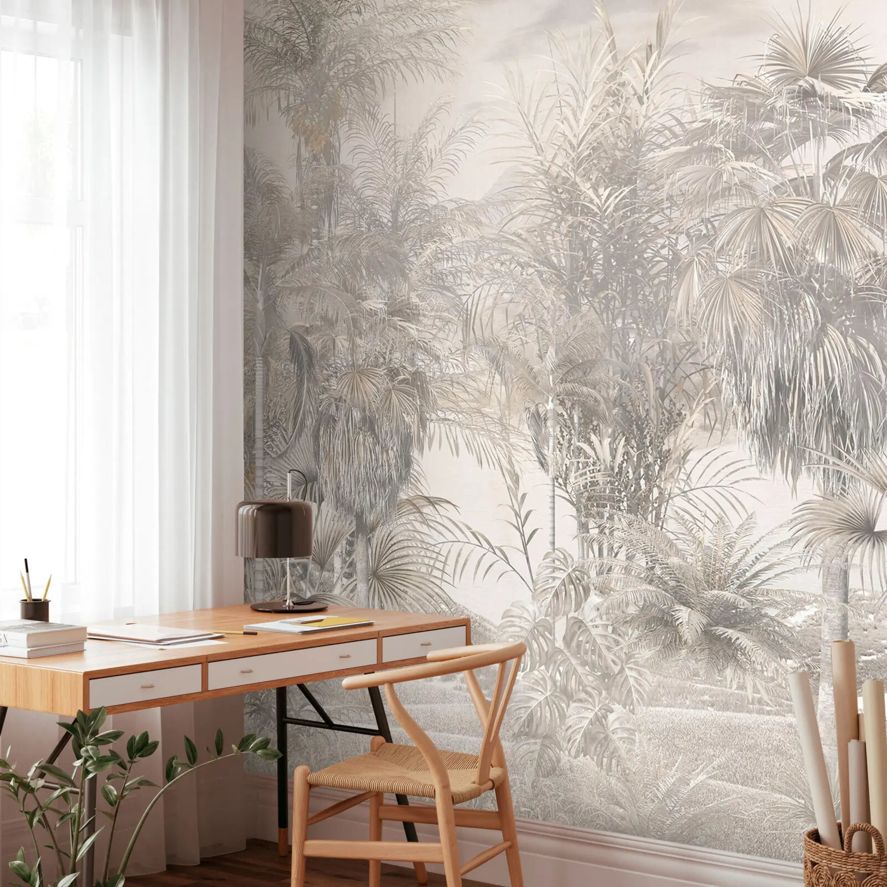 Papier peint Arbres tropicaux et feuilles en noir et blanc u95903