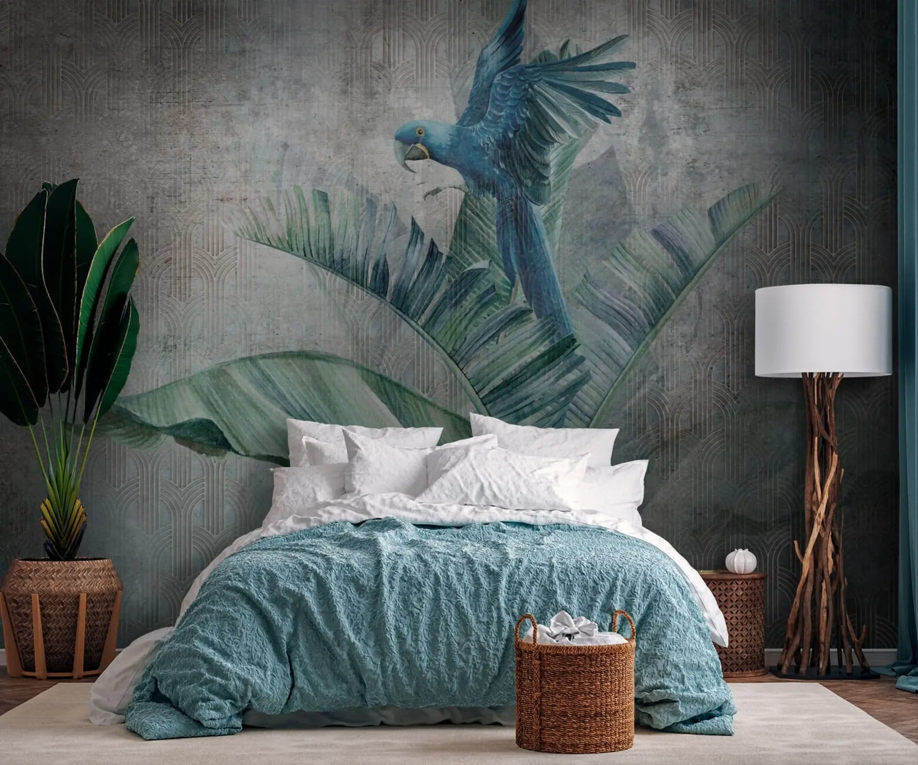 Papier peint Grand perroquet bleu sur bananier avec texture béton grunge u95432