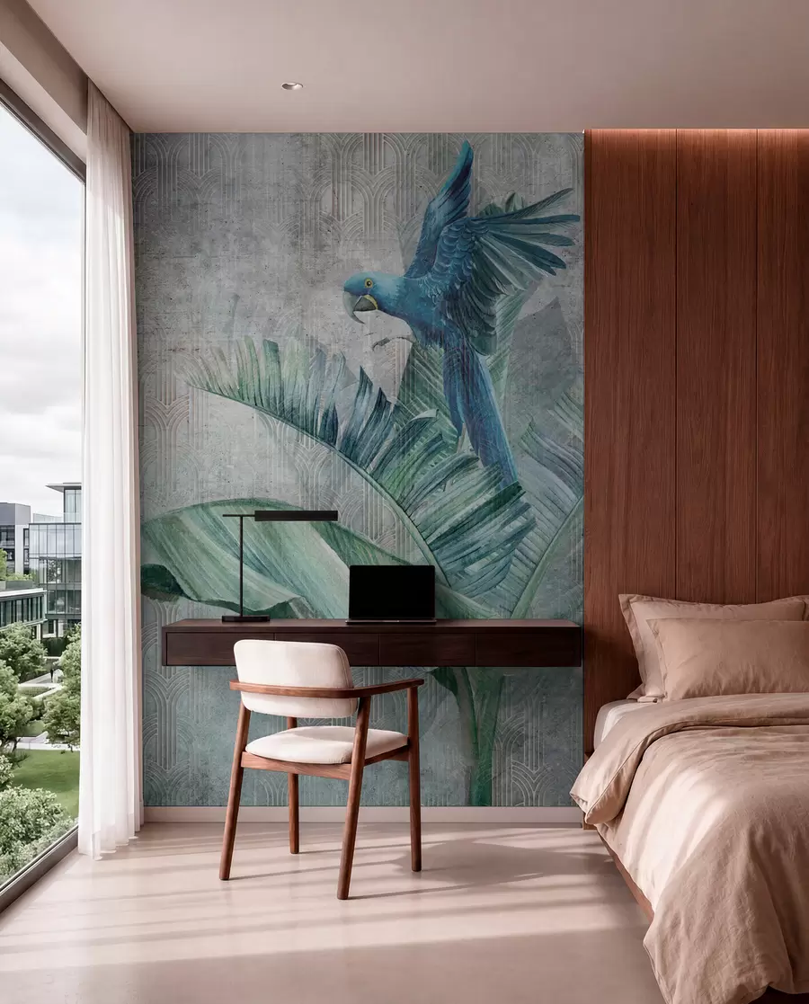 Papier peint Grand perroquet bleu sur bananier avec texture béton grunge u95432