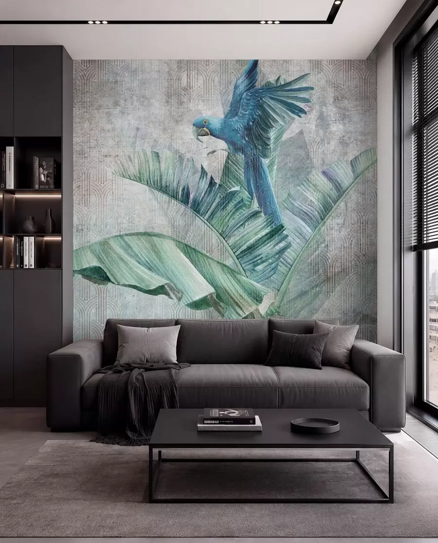 Papier peint Grand perroquet bleu sur bananier avec texture béton grunge u95432