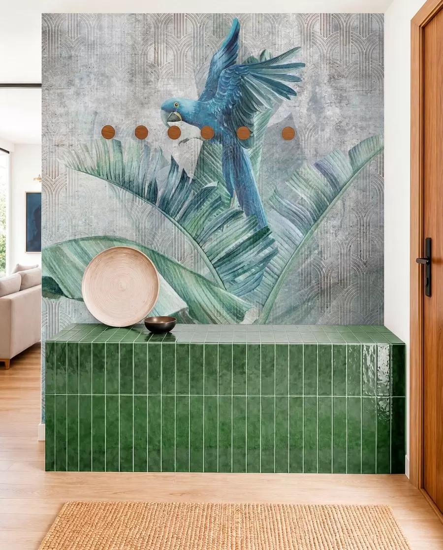 Papier peint Grand perroquet bleu sur bananier avec texture béton grunge u95432