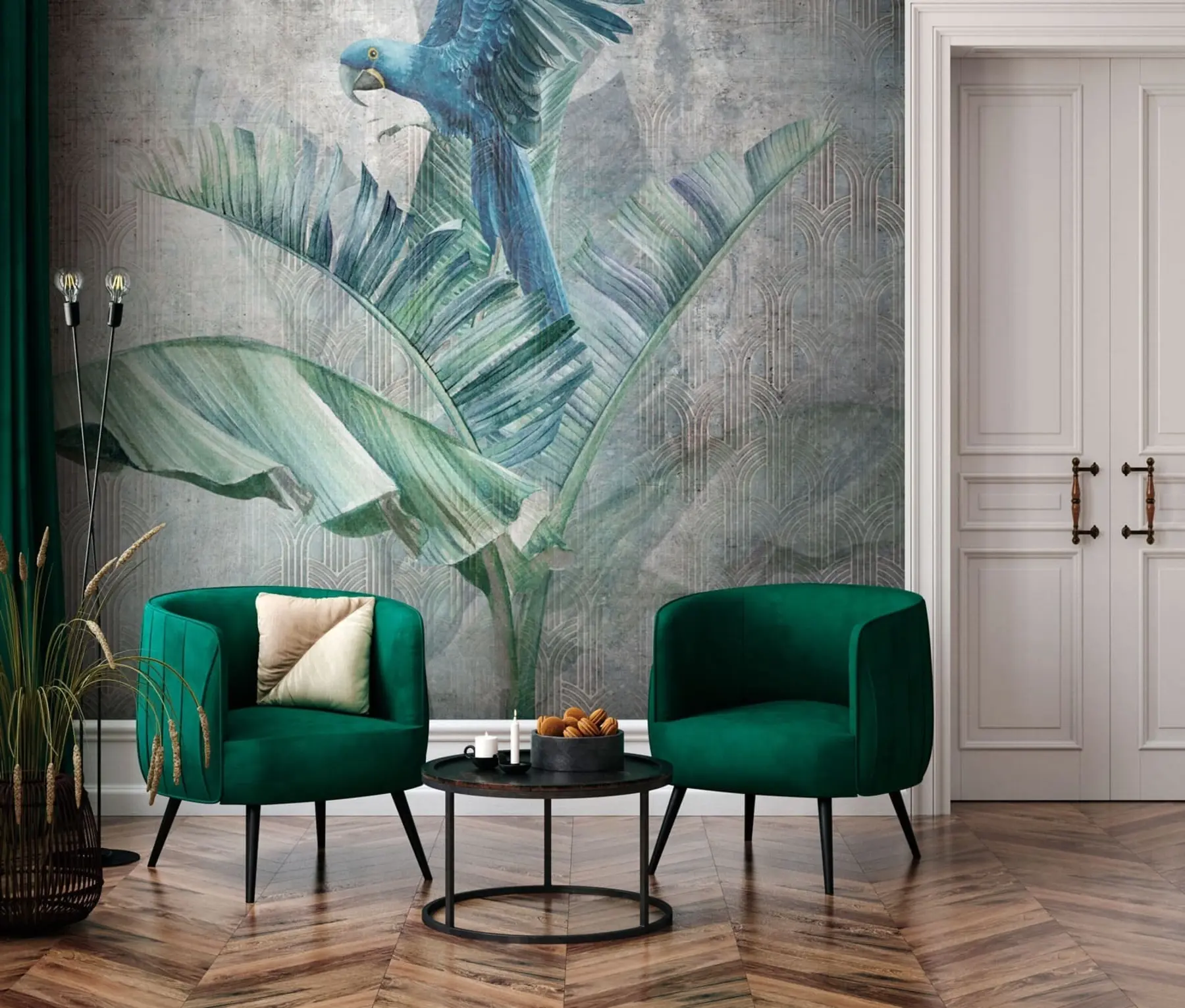 Papier peint Grand perroquet bleu sur bananier avec texture béton grunge u95432