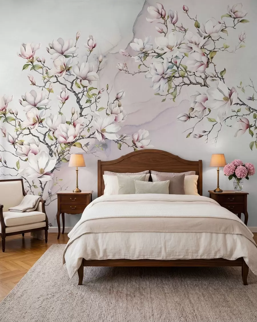 Papier peint Magnolias en fleurs sur fond de marbre u96114
