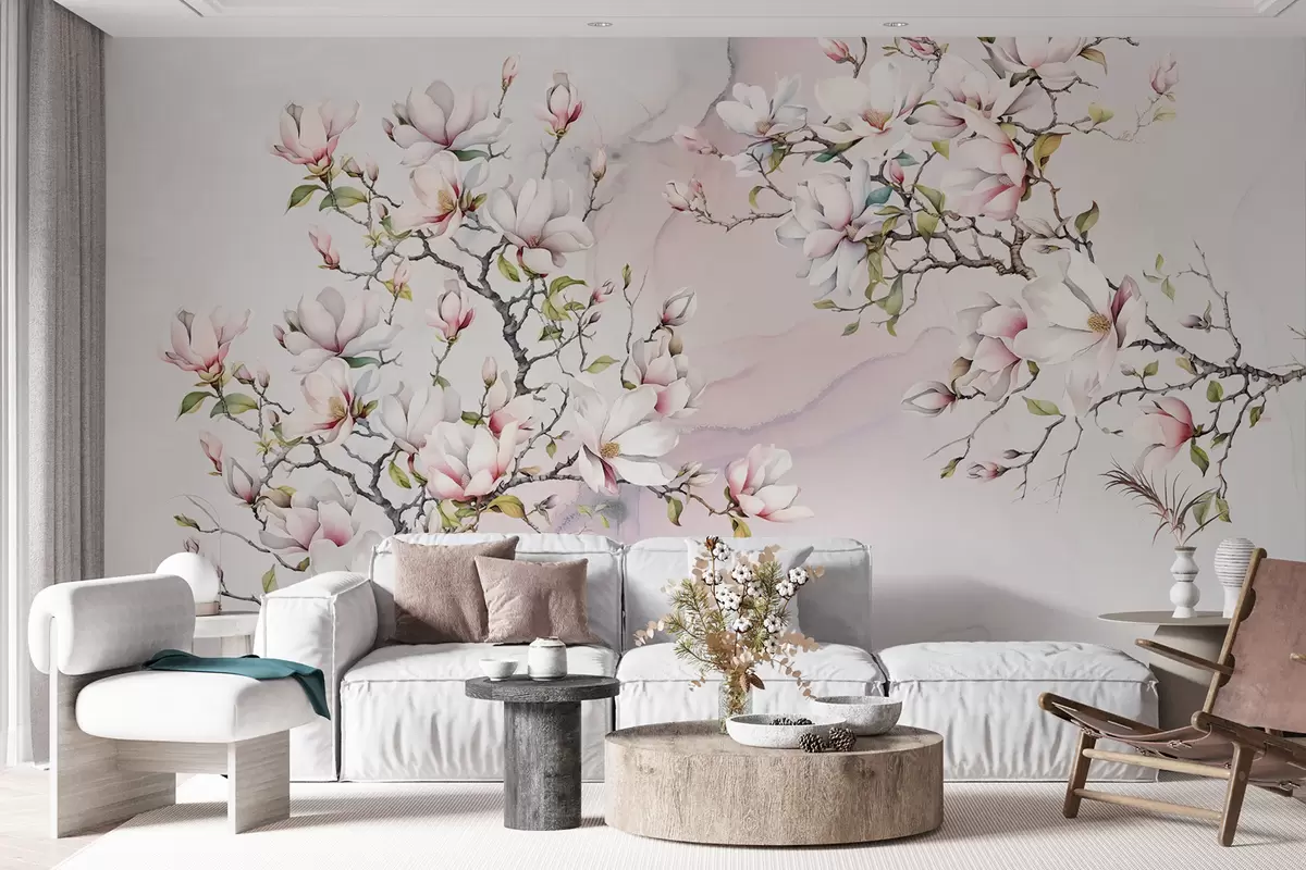 Papier peint Magnolias en fleurs sur fond de marbre u96114