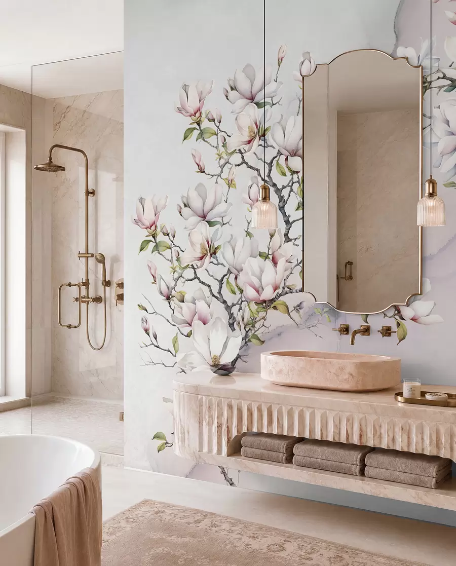 Papier peint Magnolias en fleurs sur fond de marbre u96114