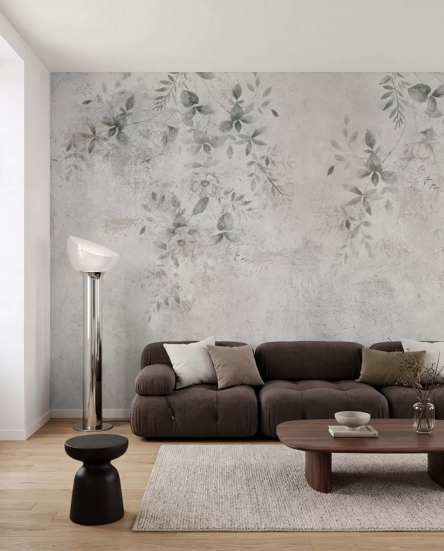 Papier peint Fleurs avec des branches sur le minimalisme de fond béton grunge u96140