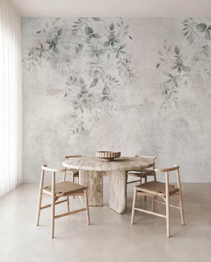 Papier peint Fleurs avec des branches sur le minimalisme de fond béton grunge u96140