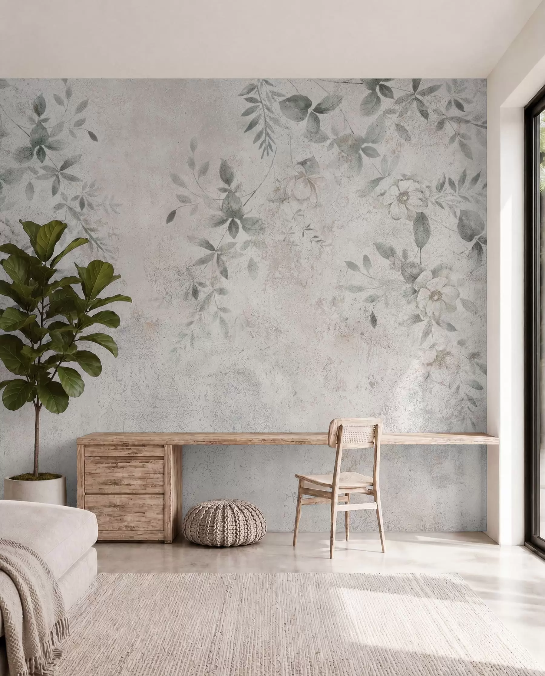 Papier peint Fleurs avec des branches sur le minimalisme de fond béton grunge u96140