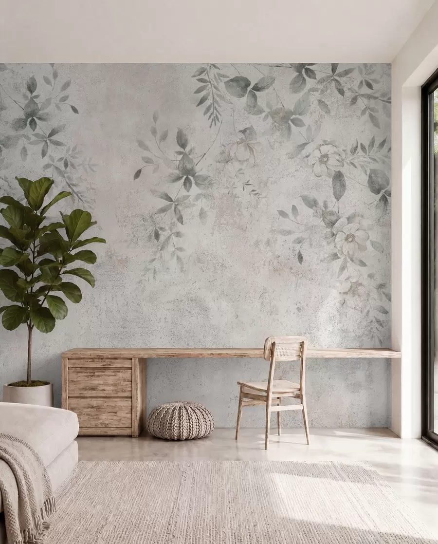 Papier peint Fleurs avec des branches sur le minimalisme de fond béton grunge u96140