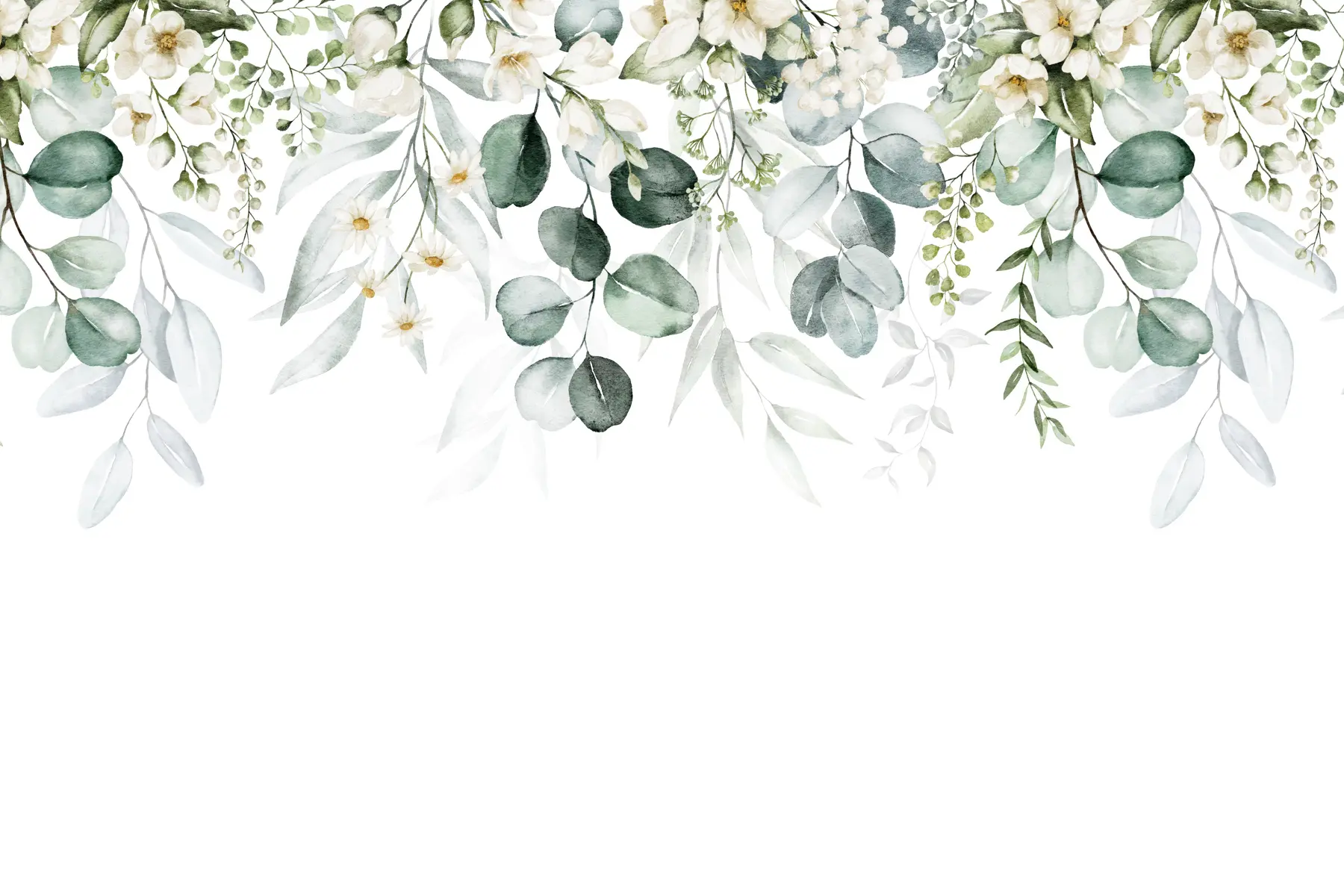Papier peint Illustration avec feuilles vertes, fleurs blanches, pivoine et branches u96063
