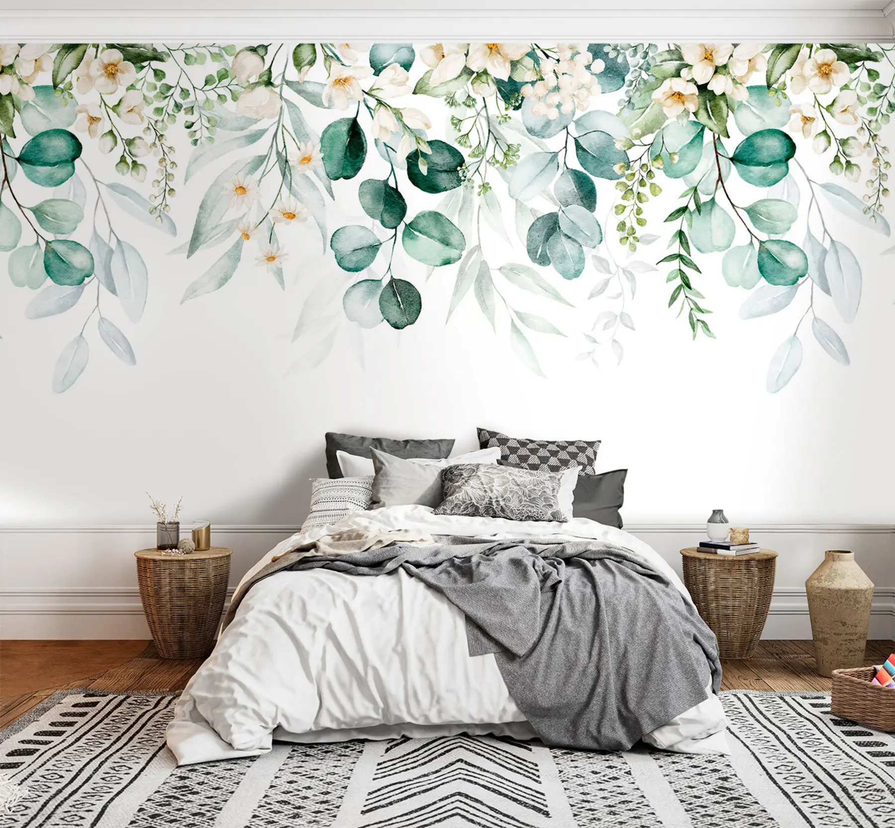 Papier peint Illustration avec feuilles vertes, fleurs blanches, pivoine et branches u96063