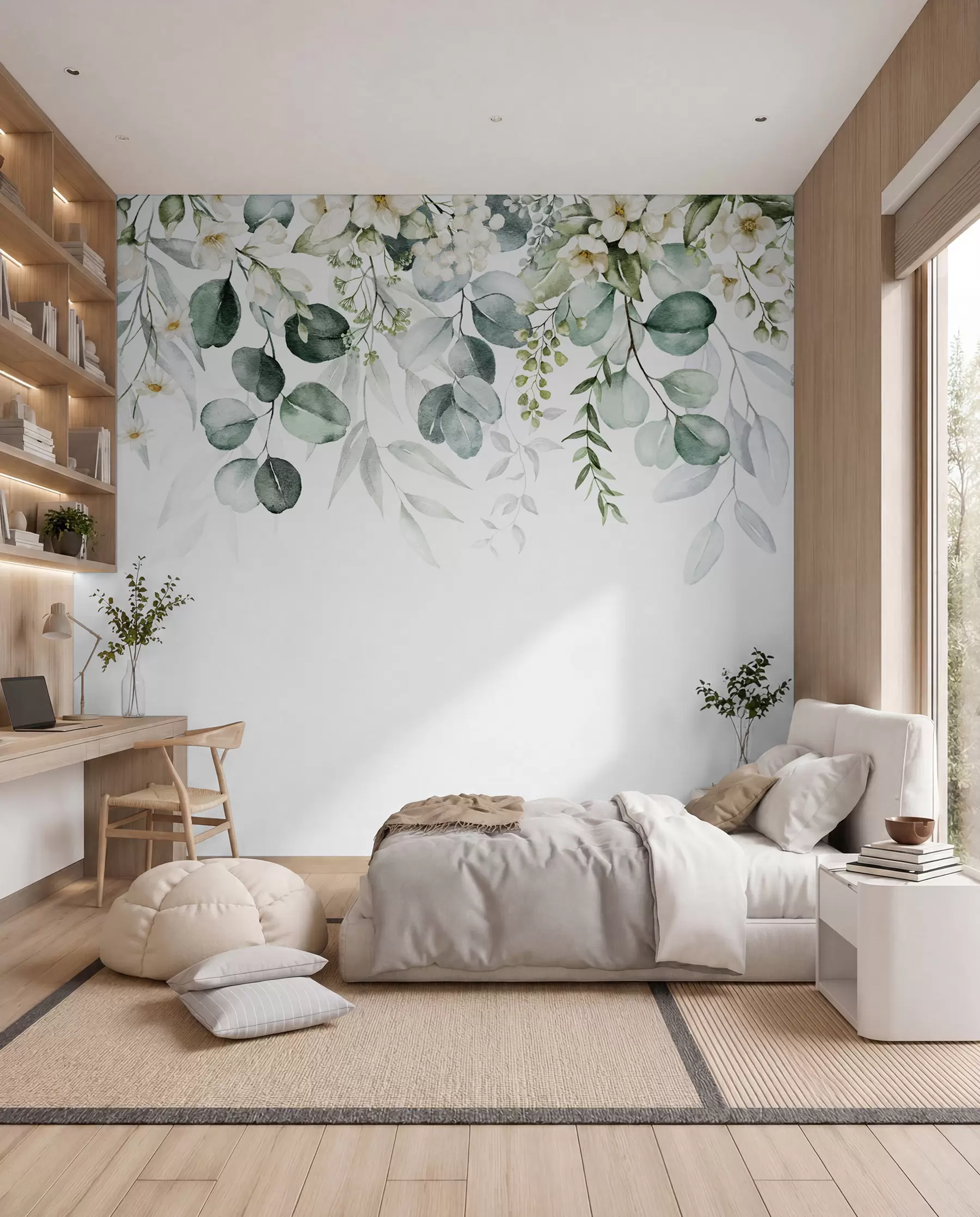 Papier peint Illustration avec feuilles vertes, fleurs blanches, pivoine et branches u96063