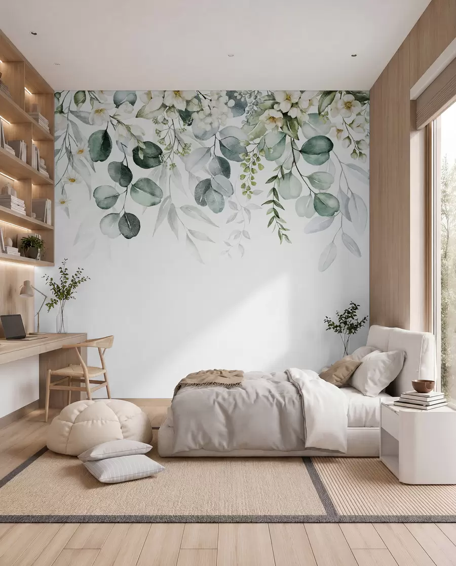 Papier peint Illustration avec feuilles vertes, fleurs blanches, pivoine et branches u96063