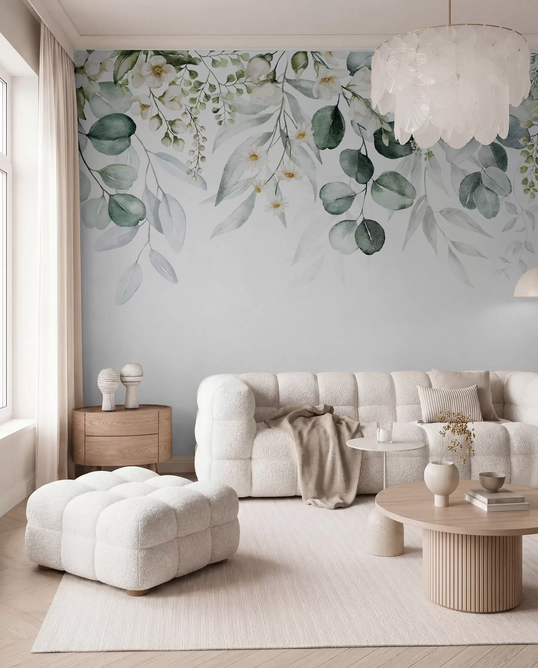Papier peint Illustration avec feuilles vertes, fleurs blanches, pivoine et branches u96063