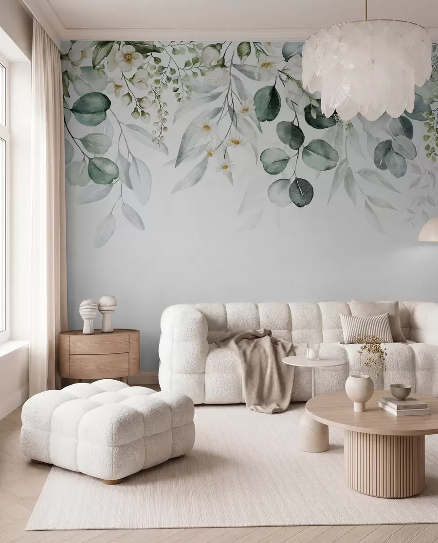 Papier peint Illustration avec feuilles vertes, fleurs blanches, pivoine et branches u96063