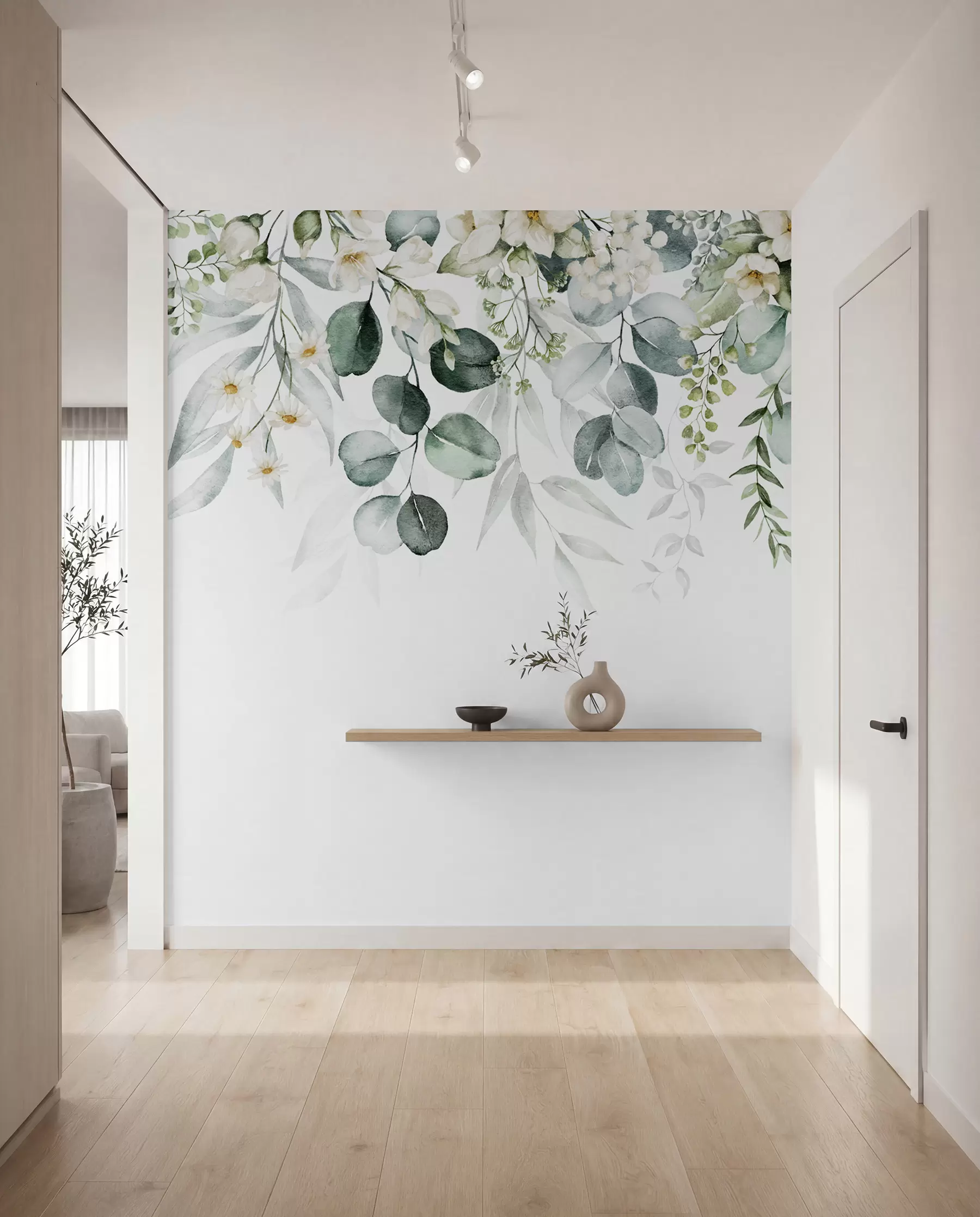 Papier peint Illustration avec feuilles vertes, fleurs blanches, pivoine et branches u96063
