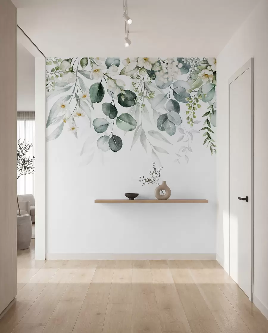 Papier peint Illustration avec feuilles vertes, fleurs blanches, pivoine et branches u96063