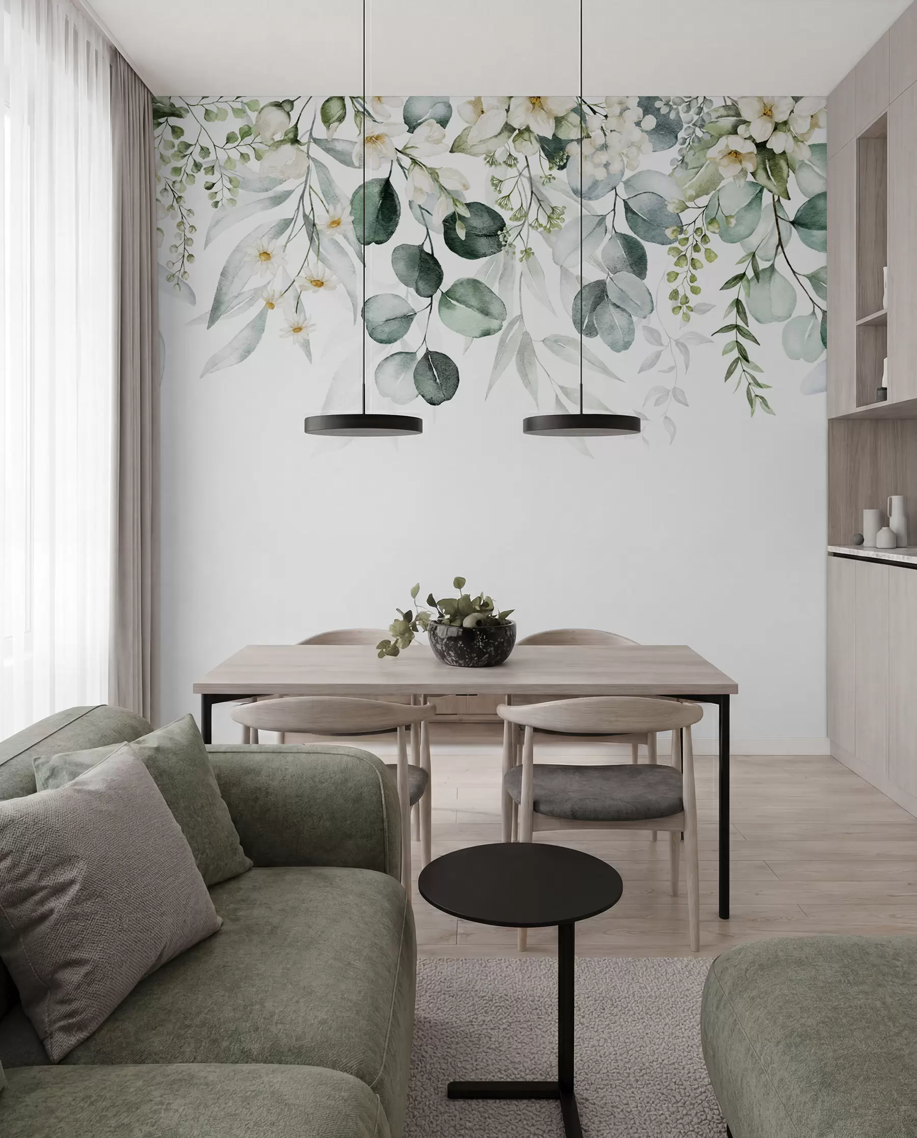 Papier peint Illustration avec feuilles vertes, fleurs blanches, pivoine et branches u96063