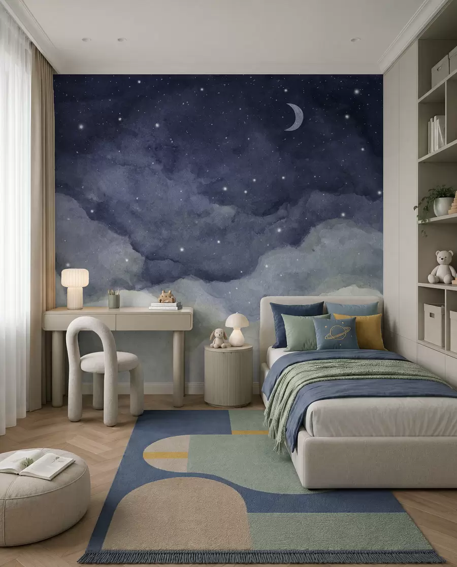 Papier peint Peinture à l'aquarelle du ciel nocturne avec croissant de lune et étoiles brillantes u96076