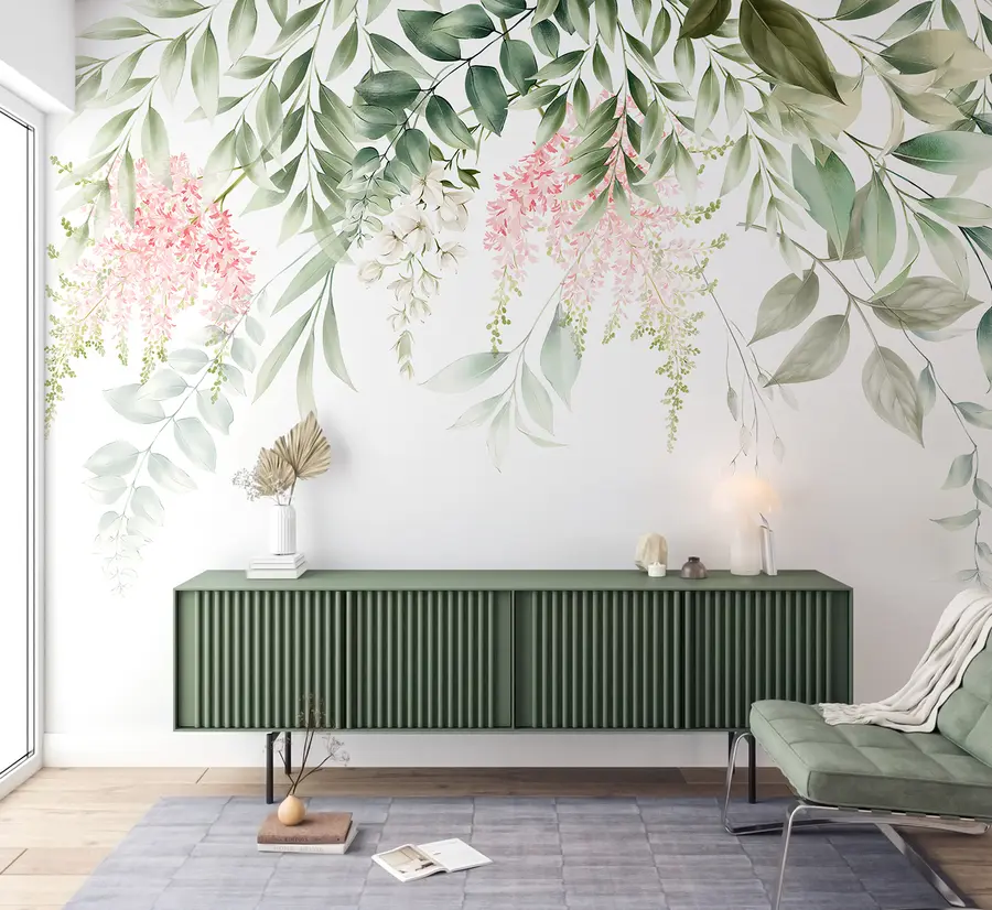 Papier peint Feuillage à fleurs roses u95923