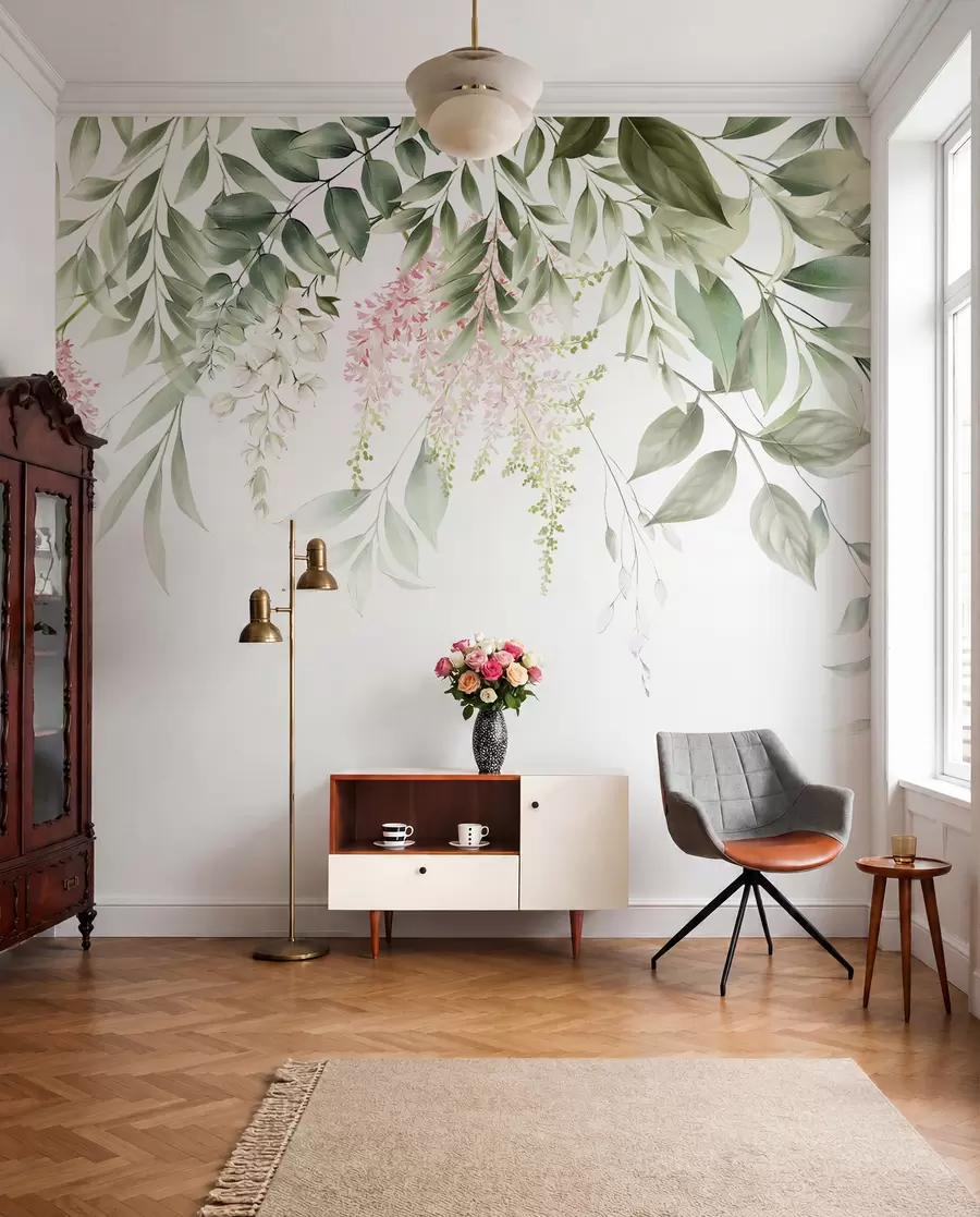 Papier peint Feuillage à fleurs roses u95923