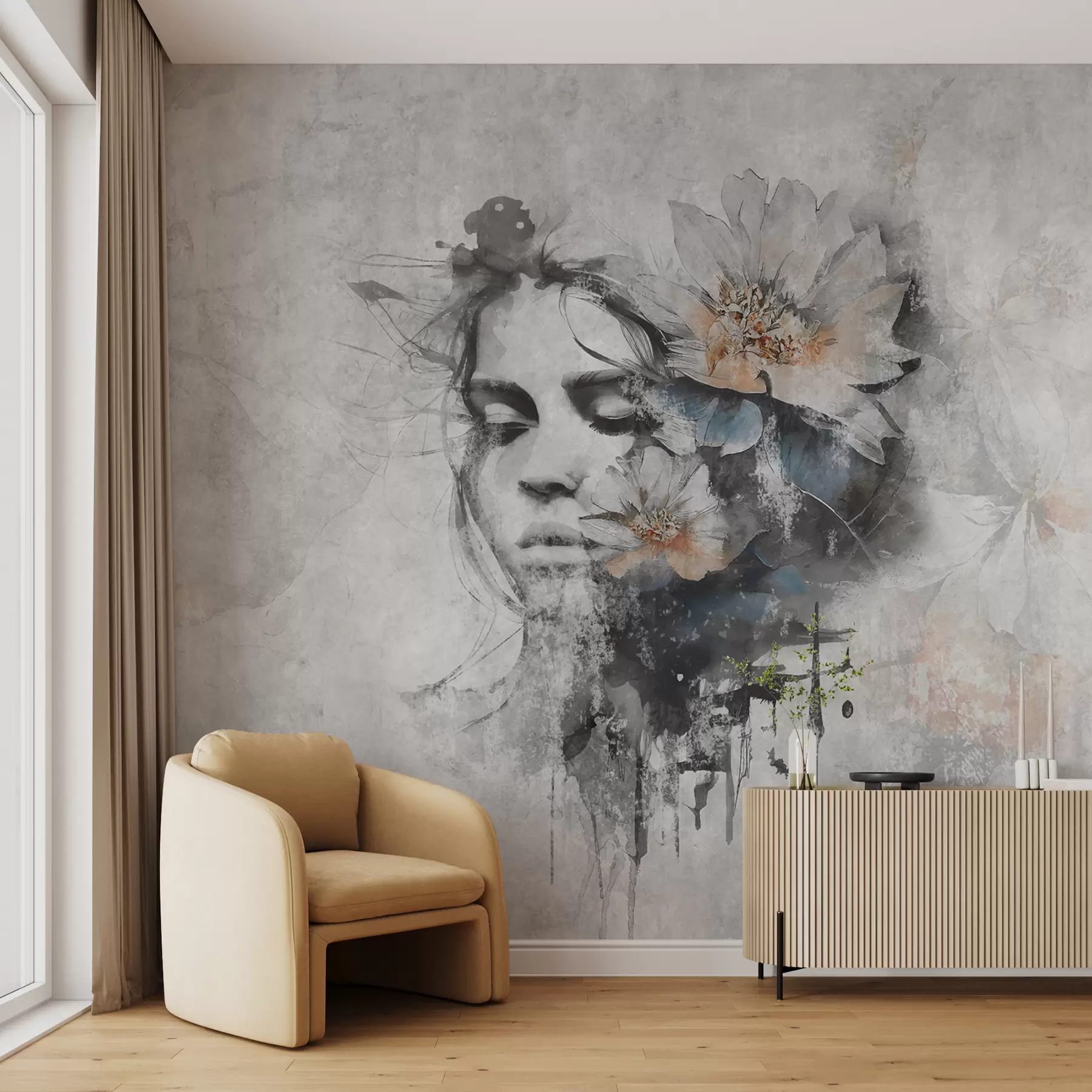 Papier peint Silhouette du visage d'une fille sur un mur de béton u96118