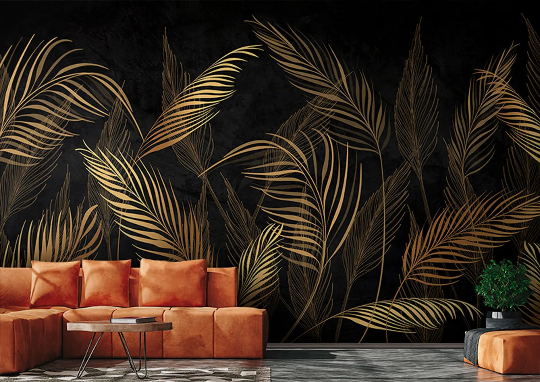 Papier peint Feuilles de palmier sur fond de mur noir u96318