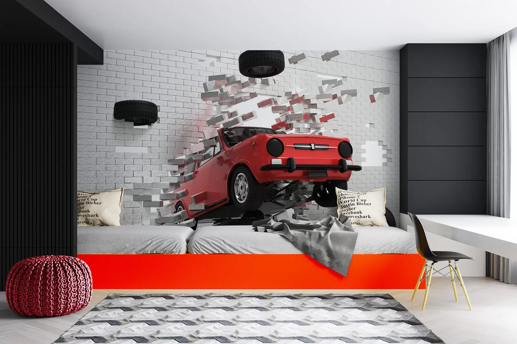 Papier peint Une voiture rétro rouge traverse un mur de briques légères u96599