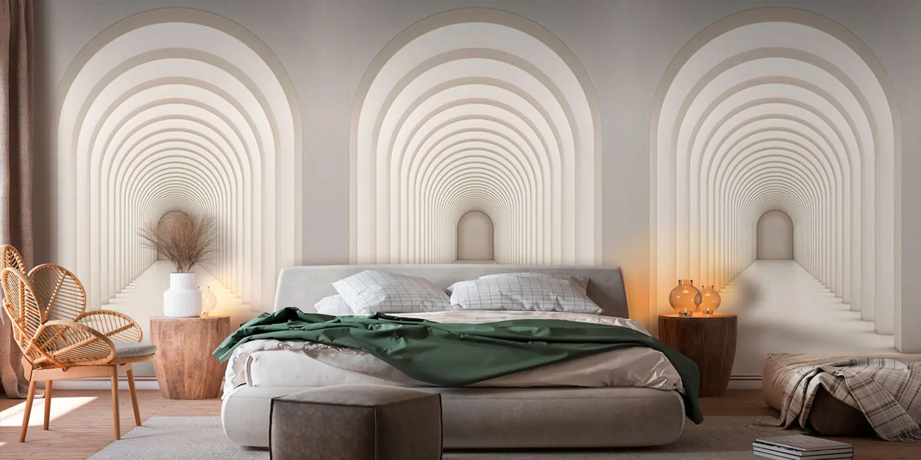Papier peint Arche en béton blanc alignée sur une longue ligne avec lumière u96604