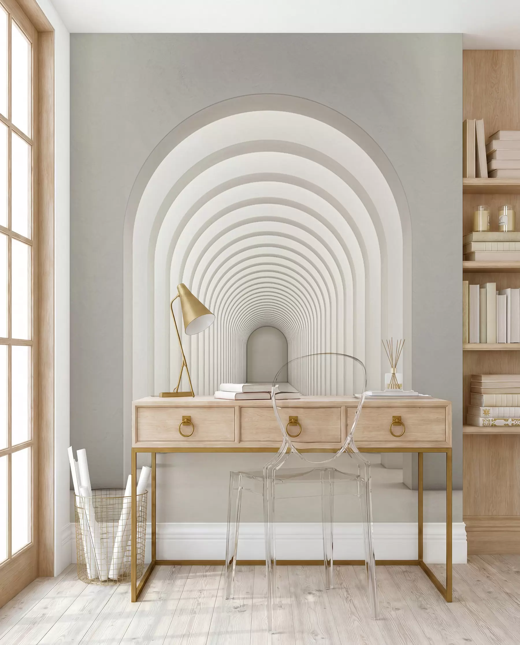 Papier peint Arche en béton blanc alignée sur une longue ligne avec lumière u96604